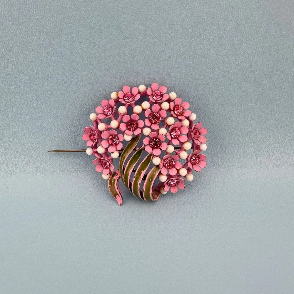 Vintage Rhinestone Flower Brooch Pink Japanned Enamel Floral Spray Bouquet 2